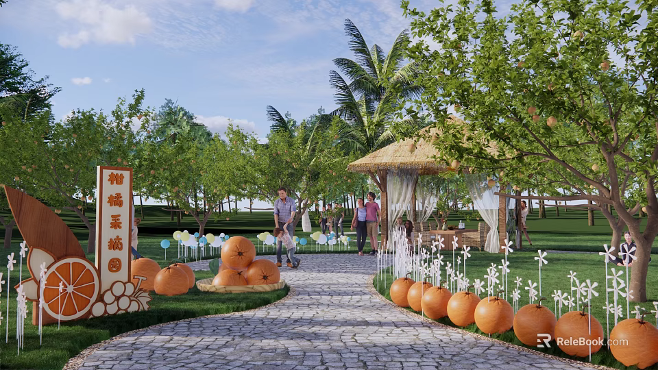 Scenic Rural Orange Orchard Landscape With Stone Path Thatched Pavilion Green Trees And Palm Trees 3d model 