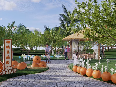 Scenic Rural Orange Orchard Landscape With Stone Path Thatched Pavilion Green Trees And Palm Trees 3d model