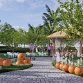 Scenic Rural Orange Orchard Landscape With Stone Path Thatched Pavilion Green Trees And Palm Trees