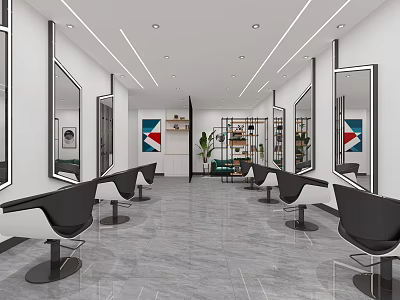 Bright Modern Hair Salon Interior Featuring Black Salon Chairs Large Mirrors And Gray Marble Floor 3d model