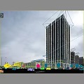 Modern High Rise Office Building With Glass Curtain Wall Urban Street Vehicles Pedestrians And Trees