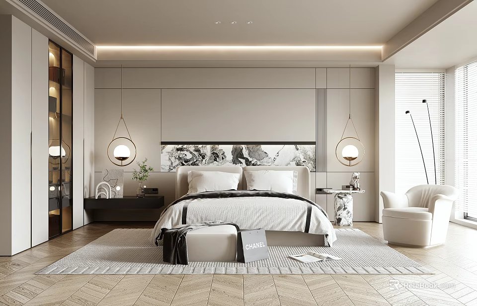Modern Bedroom Design With King Bed Decorative Painting Pendant Lights White Armchair And Geometric Rug 3d model 