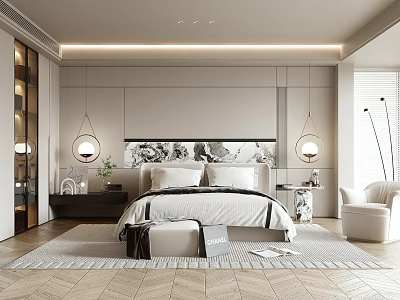 Modern Bedroom Design With King Bed Decorative Painting Pendant Lights White Armchair And Geometric Rug 3d model