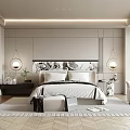 Modern Bedroom Design With King Bed Decorative Painting Pendant Lights White Armchair And Geometric Rug