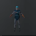 A Man In Blue Protective Suit With Gray Striped Design Orange Cuffs And Blue Helmet