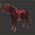 Brown Horse Standing With Orange Saddle And Bridle On Gray Background