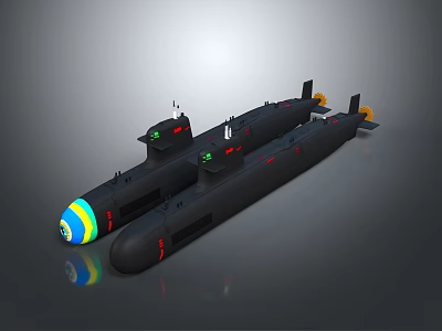 Two Black Submarines With Colorful Front Sections And Red Green Indicator Lights 3d model