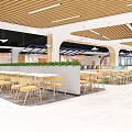 Modern Restaurant Interior Design With Long Wooden Table Orange Chairs And Pendant Lights