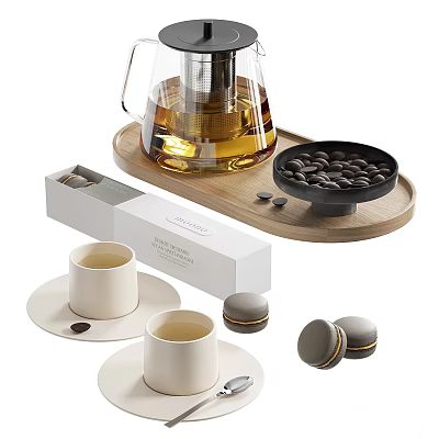Elegant Tea Set with Glass Teapot Wooden Tray White Teacups Black Bowl and Macarons 3d model