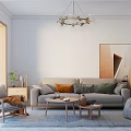 Cozy Living Room Interior With Sofa Pillows Rocking Chair Coffee Table Wall Mirror And Chandelier