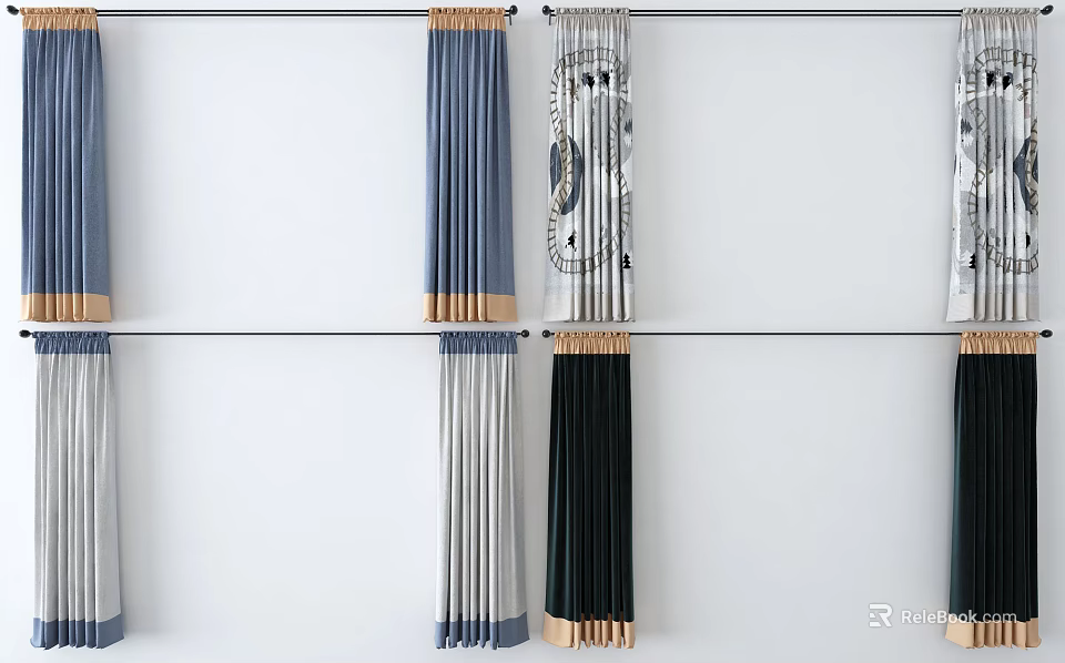 Varied Curtain Styles With Blue Gray Black Colors And Elegant Patterns 3d model
