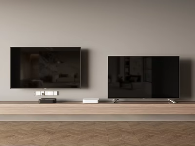 Two Modern TVs Mounted on Light Gray Wall With Wooden Stand and Herringbone Floor 3d model