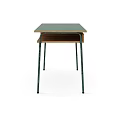 Simple Green Top Desk With Wooden Lower Shelf And Green Metal Legs Design