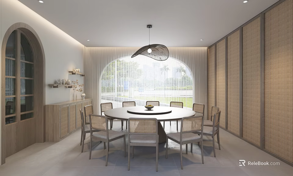 Modern Private Dining Room With Round Table And Arched Window 3d model