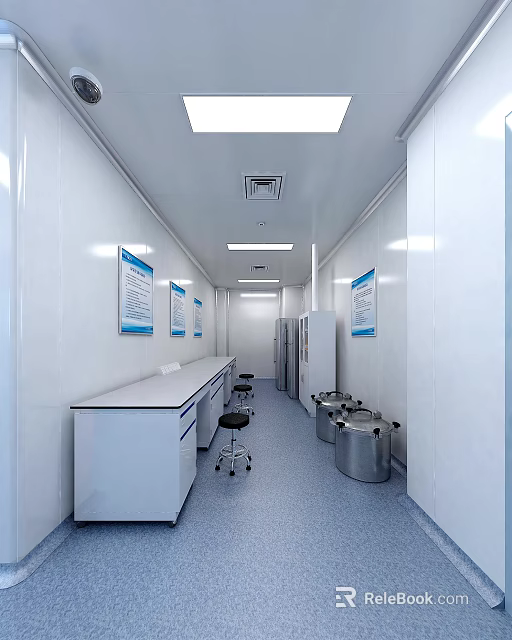 Clean Laboratory Corridor With White Walls Blue Posters Lab Benches Stools And Silver Buckets 3d model 
