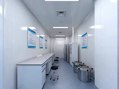 Clean Laboratory Corridor With White Walls Blue Posters Lab Benches Stools And Silver Buckets 3d model
