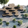 Tranquil Water Fountain Landscape With Interconnected Wooden Platforms Green Bushes And Flowing Water
