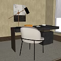 Modern Black Desk Interior With Gray Chair Table Lamp Books Cup And Light Rug