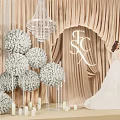 Wedding Photo Spot With Beige Curtains Arch ESC Crystal Chandeliers White Flower Balls And Candles