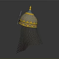 Ancient Decorative Helmet Weapon With Golden Ornament Green Details And Chainmail Neck Guard