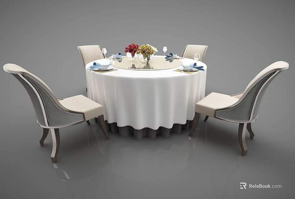 Round Dining Table With White Tablecloth Four Chairs Tableware Wine Glasses And Flower Vase 3d model 