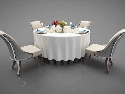 Round Dining Table With White Tablecloth Four Chairs Tableware Wine Glasses And Flower Vase 3d model