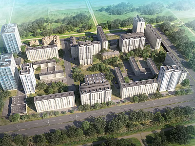 Aerial View Planning of Residential Complex With Green Spaces and Tree Surroundings 3d model