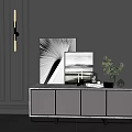 Modern Minimalist Console Cabinet With Striped Doors On Gray Wall And Green Plant Artwork Decor