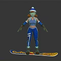 Red Haired Female Character In Blue Outfit Standing On Snowboard With Cute Sun Design