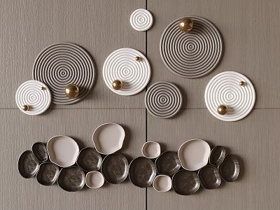 Modern Wall Decor with Spiral Pattern Plates Gold Accents and Various Sizes Arranged on Wall 3d model