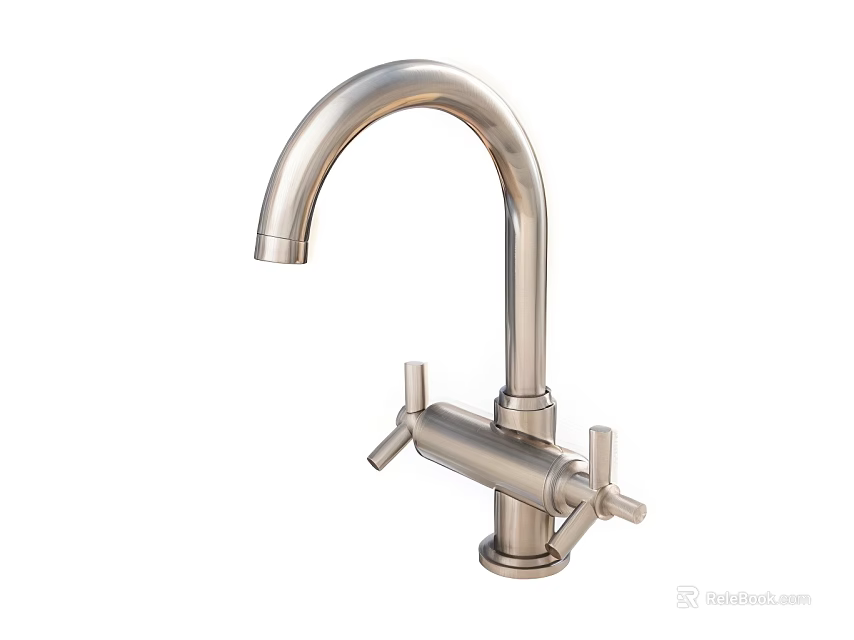 Modern Metal Faucet With Curved Spout And Double Handles Design 3d model 