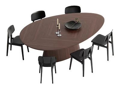 Brown Oval Dining Table Set with Six Black Chairs and Black Plate Candles on Top 3d model