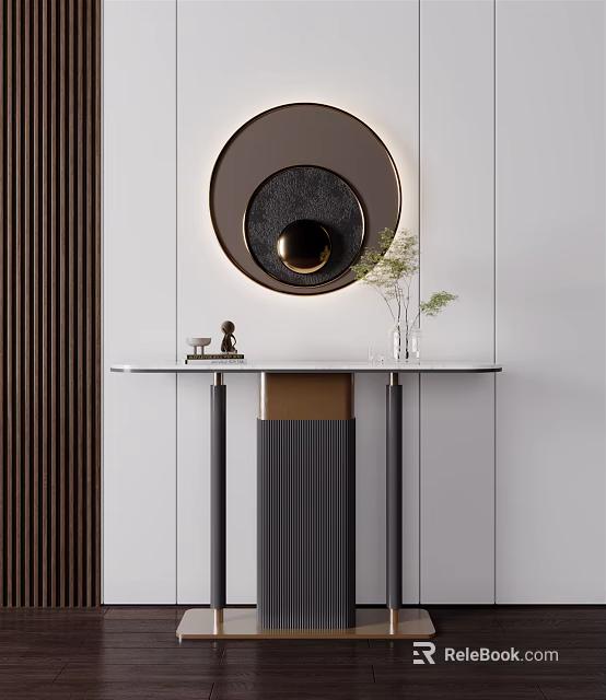 Elegant Modern Console Table With Glass Top Circular Decor Green Plant And Wooden Backdrop 3d model 