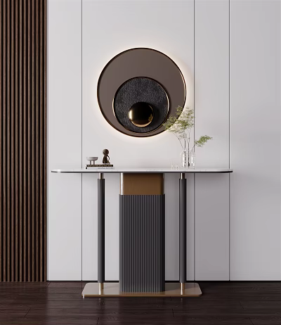 Elegant Modern Console Table With Glass Top Circular Decor Green Plant And Wooden Backdrop 3d model