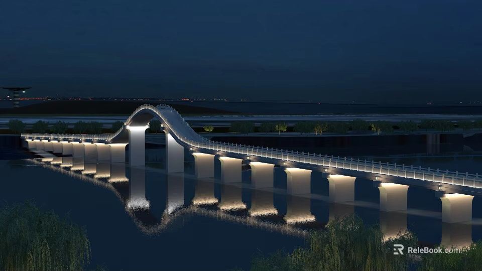 Elegant Modern Arch Bridge Illuminated At Night With Scenic Reflections On Calm Water Surface 3d model 