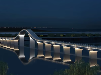 Elegant Modern Arch Bridge Illuminated At Night With Scenic Reflections On Calm Water Surface 3d model