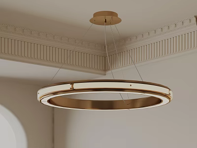 Modern Gold Circular Ring Chandelier Hanging From Decorative Ceiling With Cornice Lighting 3d model