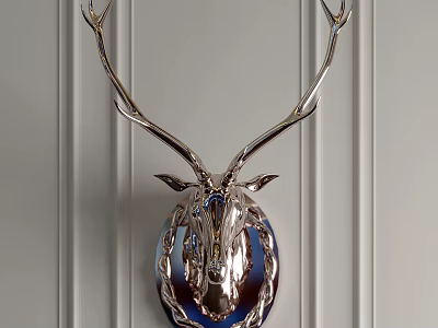 Silver Deer Head Wall Decor With White Paneled Wall For Modern Home 3d model