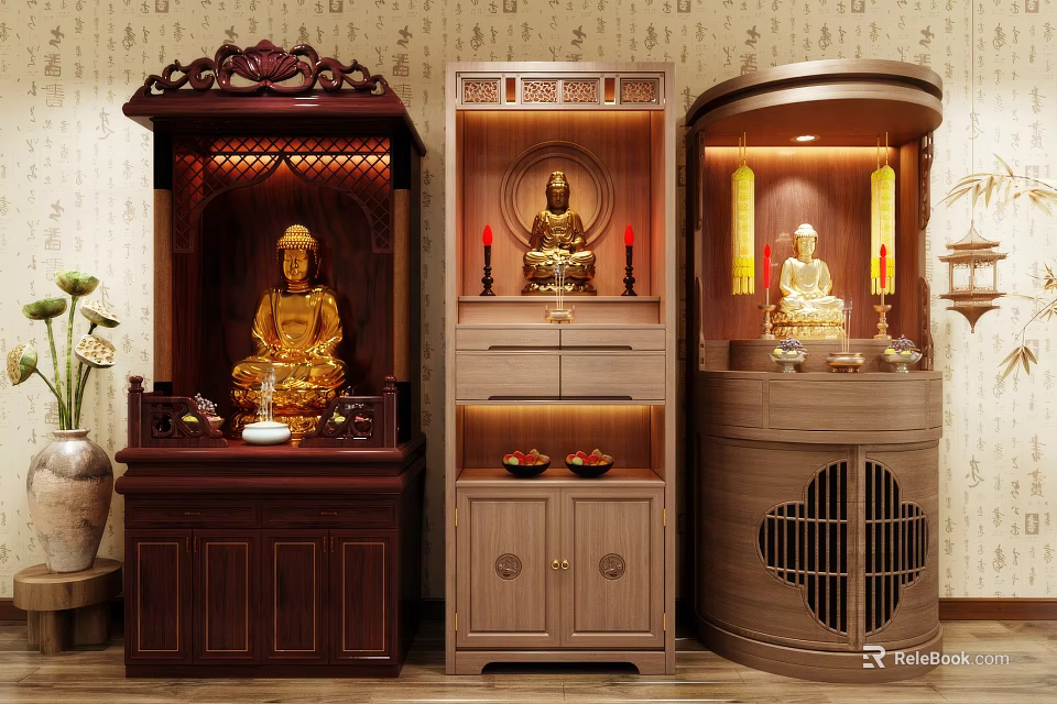 Traditional Wooden Buddhist Shrine Cabinets With Golden Buddha Statues Vase And Candle Decorations 3d model 