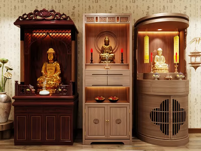 Traditional Wooden Buddhist Shrine Cabinets With Golden Buddha Statues Vase And Candle Decorations 3d model