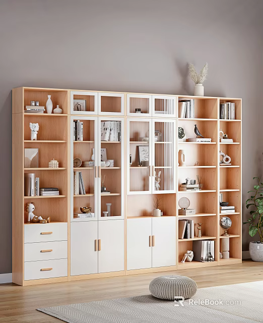 Modern Wooden Bookcase With Glass Doors White Cabinets Books Decorative Items And Drawers 3d model 