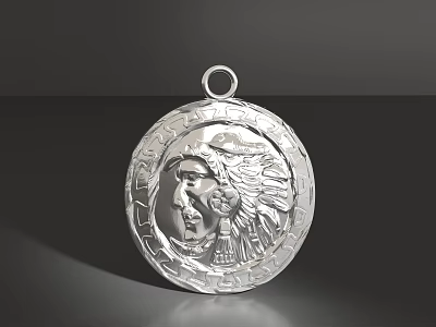 Silver Round Pendant with Native American Chief Head Carving Intricate Border Design for Necklace Jewelry 3d model