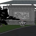 Traditional Chinese Scenic Wall With Detailed Carving And Stone Basin By Pine Tree