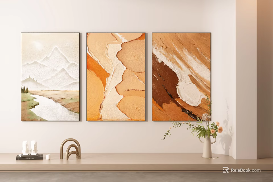 Three Abstract Wall Paintings With Mountain Landscape And Decorative Vase In Modern Home Interior 3d model 