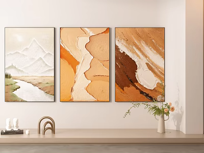 Three Abstract Wall Paintings With Mountain Landscape And Decorative Vase In Modern Home Interior 3d model