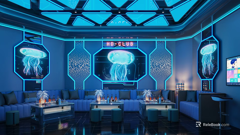 Modern KTV Interior With Blue Lighting Jellyfish Decorations And Neon Lights 3d model 