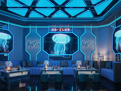 Modern KTV Interior With Blue Lighting Jellyfish Decorations And Neon Lights 3d model