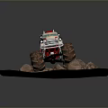 White Off Road Truck Model With Red Flame Large Tires Rocks Dirt On Dark Background
