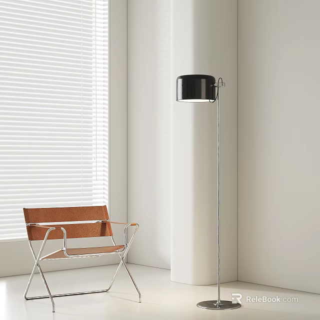 Modern Black Floor Lamp With Metal Stand Next To Brown Chair And White Blinds 3d model 