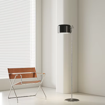 Modern Black Floor Lamp With Metal Stand Next To Brown Chair And White Blinds 3d model
